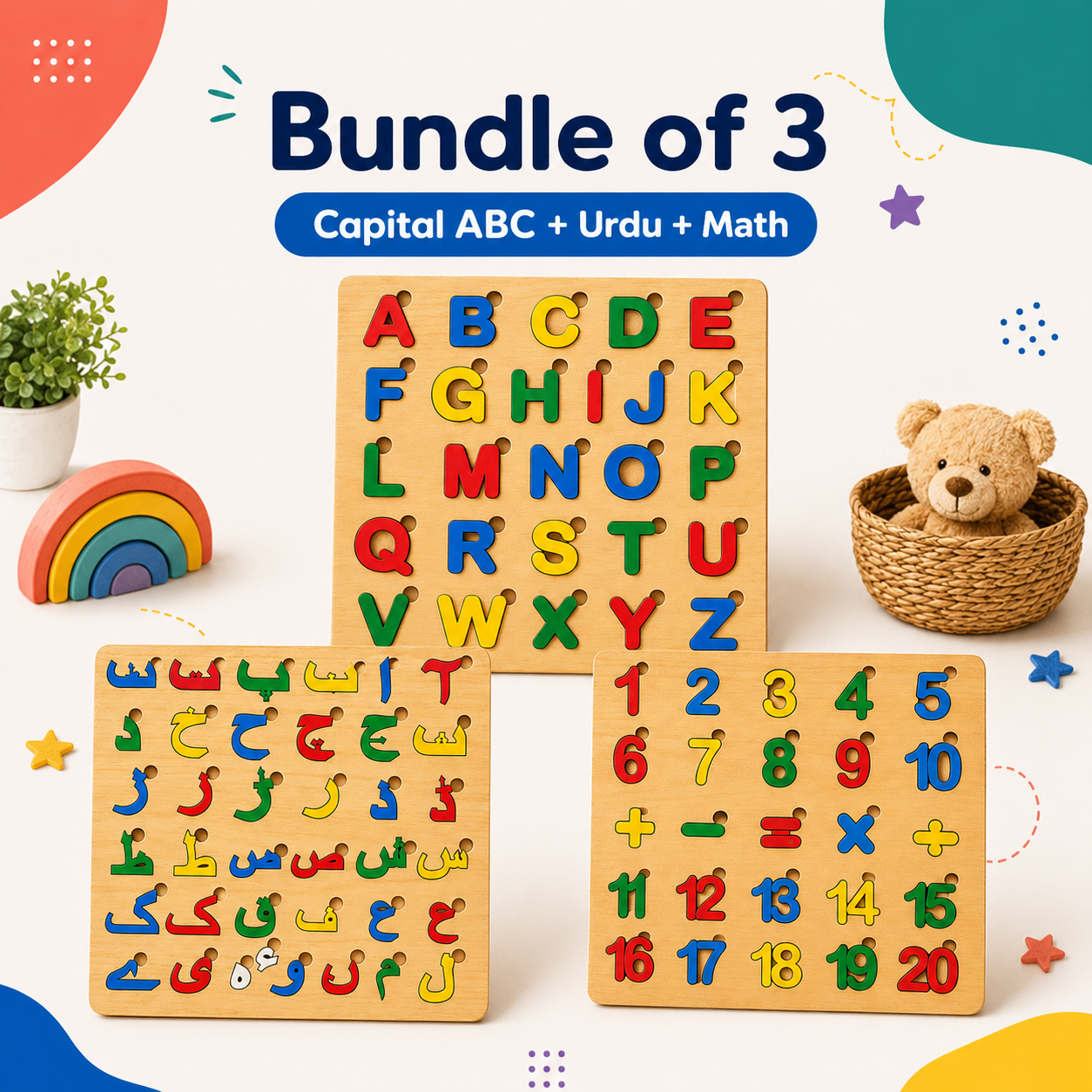 Bundle of 3 Educational Wooden Puzzle Boards for Kids | Capital ABC, Urdu & Math