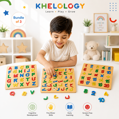 Bundle of 3 Educational Wooden Puzzle Boards for Kids | Capital ABC, Urdu & Math