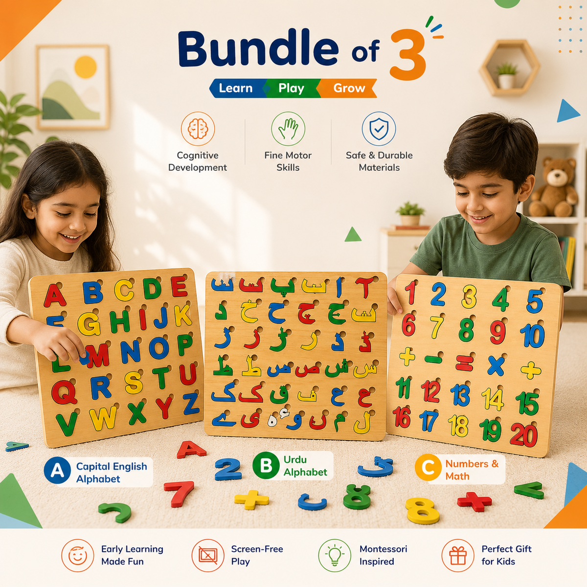 Bundle of 3 Educational Wooden Puzzle Boards for Kids | Capital ABC, Urdu & Math