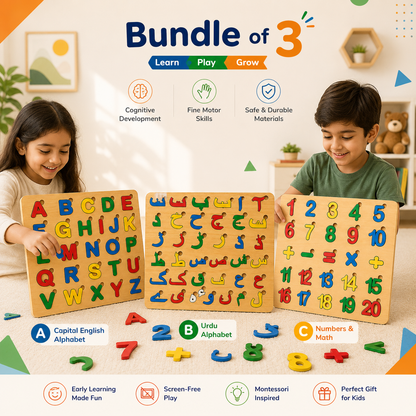 Bundle of 3 Educational Wooden Puzzle Boards for Kids | Capital ABC, Urdu & Math