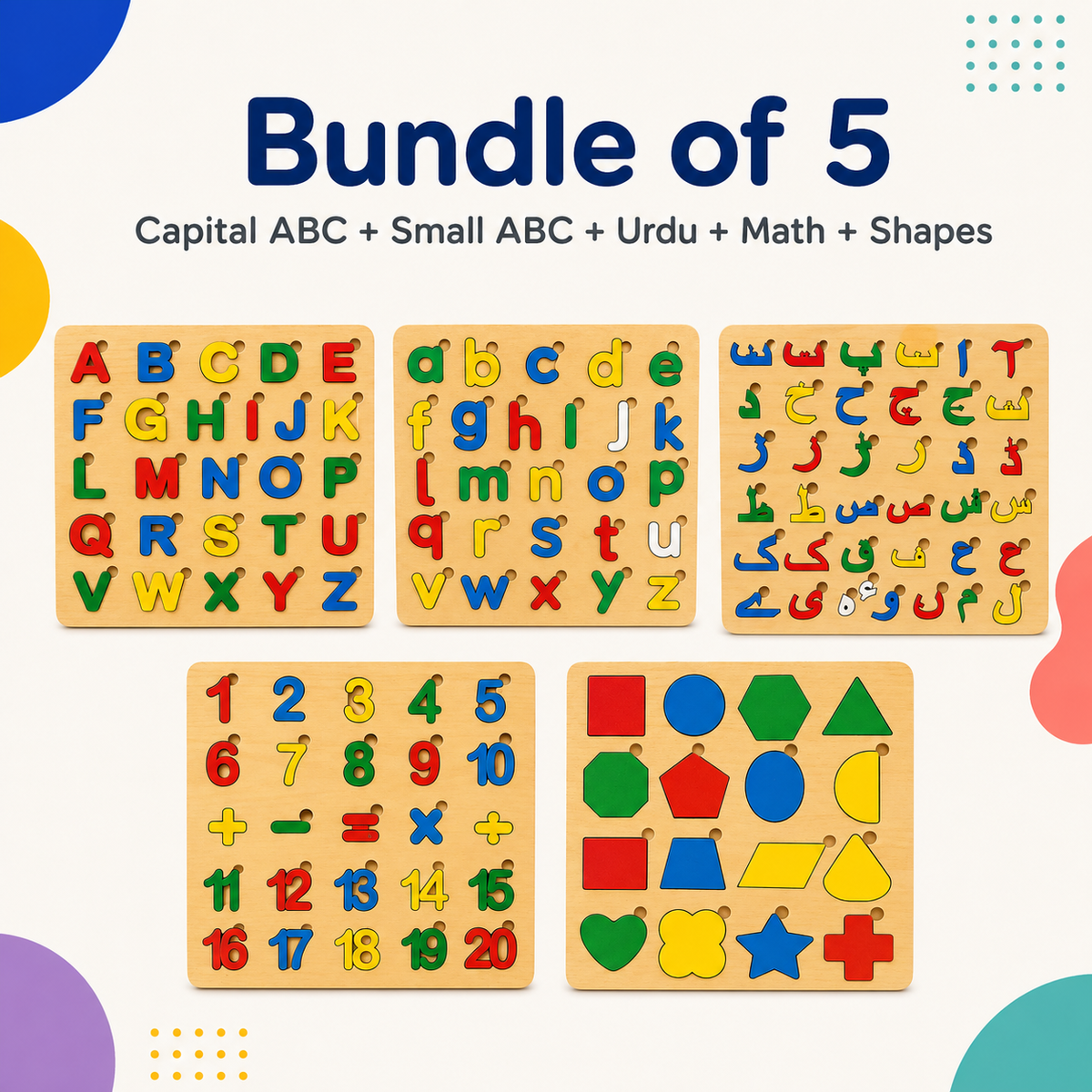 Bundle of 5 Wooden Puzzles – ABC, Urdu, Math & Blocks