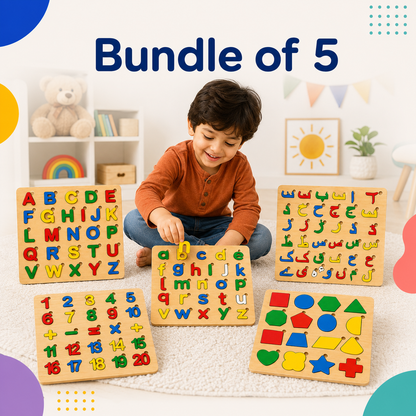Bundle of 5 Wooden Puzzles – ABC, Urdu, Math & Blocks
