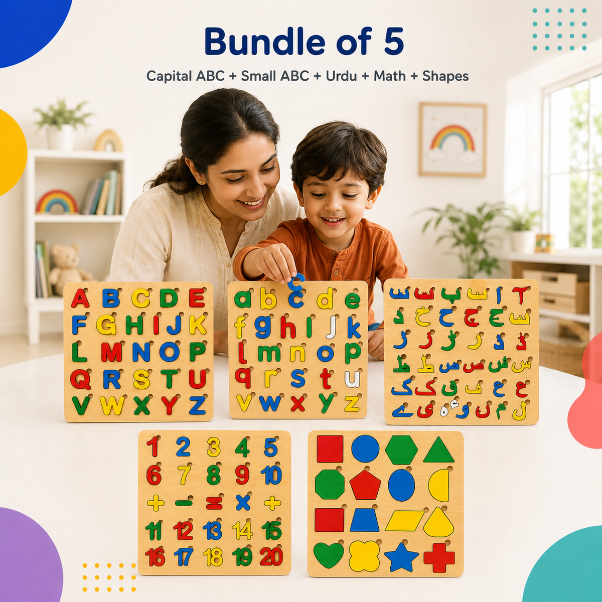 Bundle of 5 Wooden Puzzles – ABC, Urdu, Math & Blocks